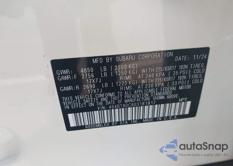 2025 Subaru Outback Premium z USA, uszkodzony, nr VIN 4S4BTADC9S3181817